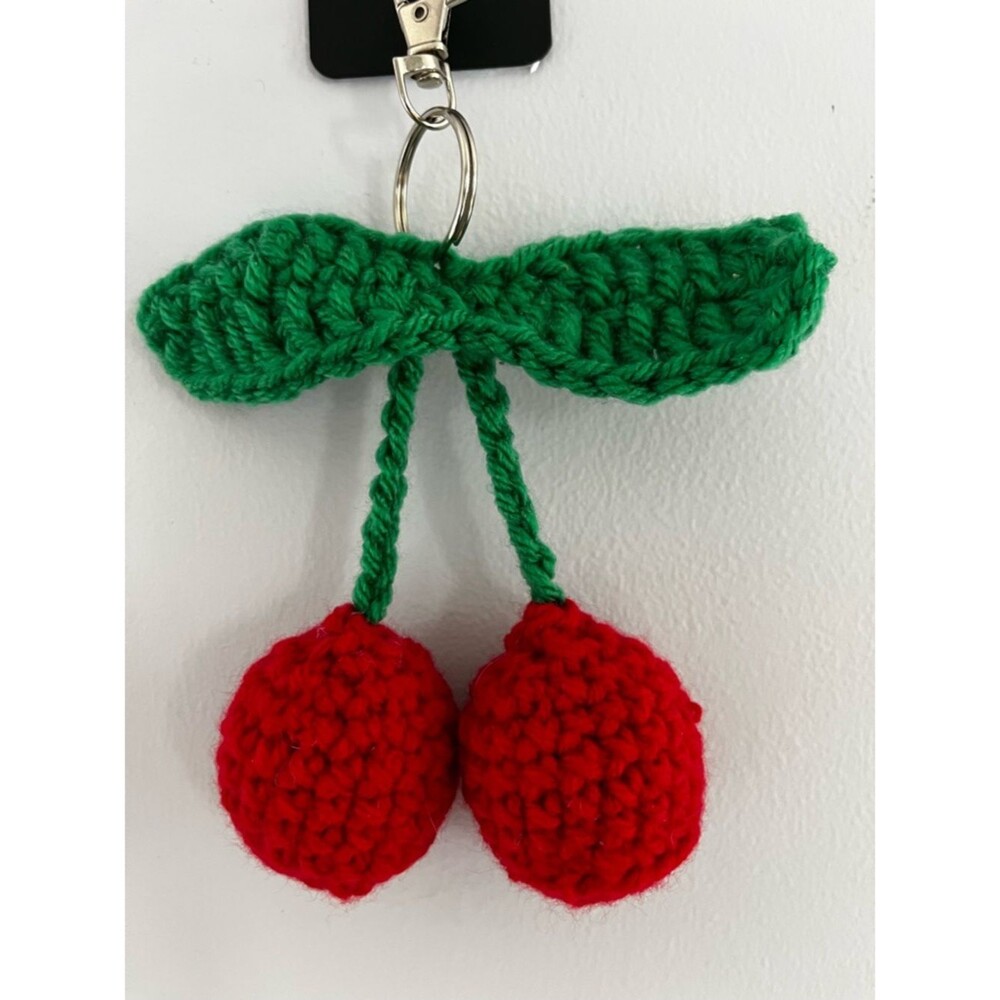 Hand Crafted Red Cherry Keychain with Green Leaves